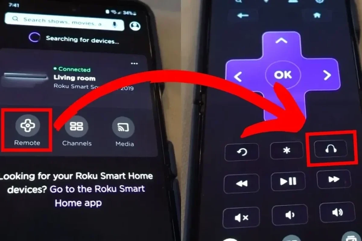 Roku TV with wireless headphones, remote, and app-based private listening setup