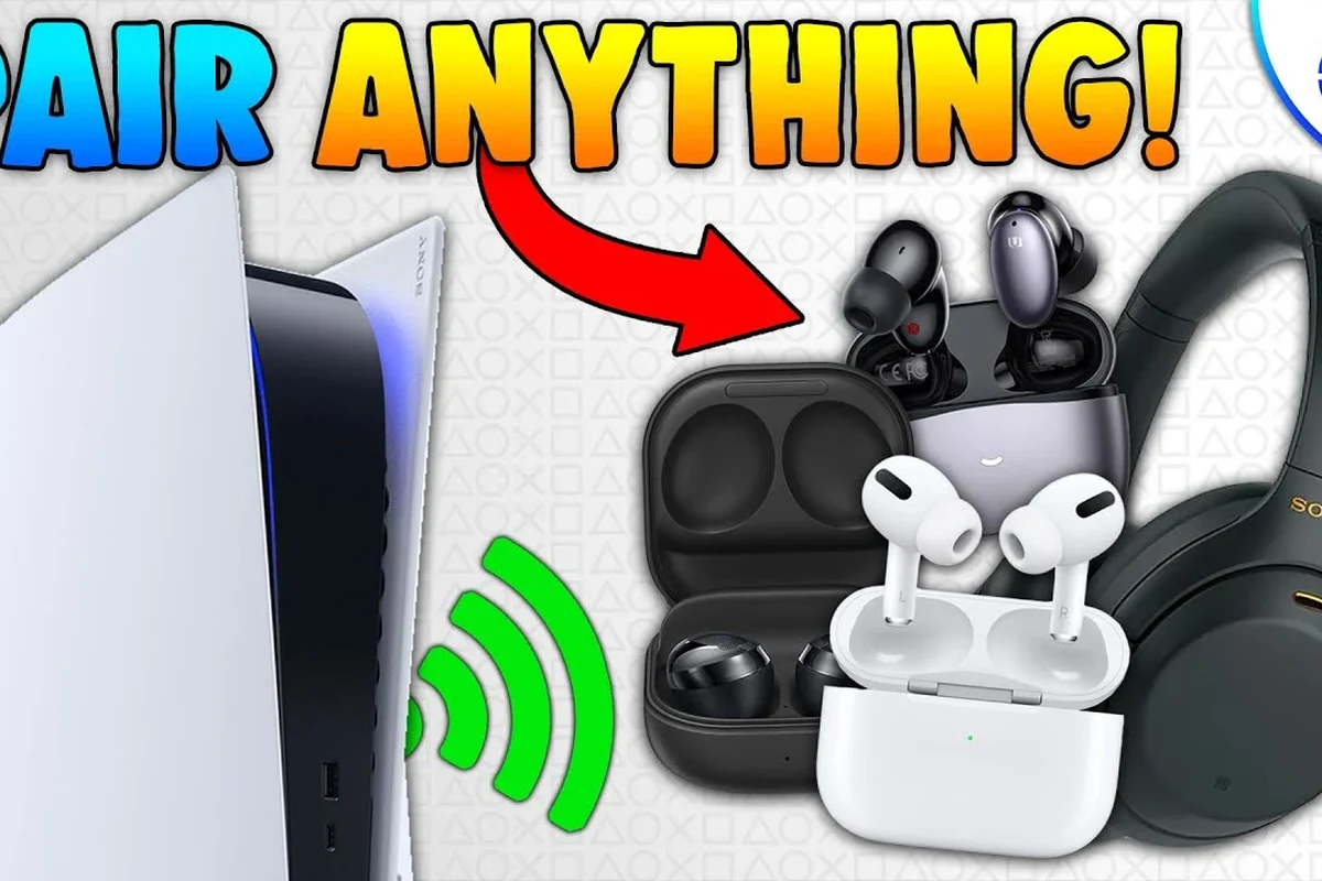 PS5 console with wireless headphones and a controller on a gaming desk