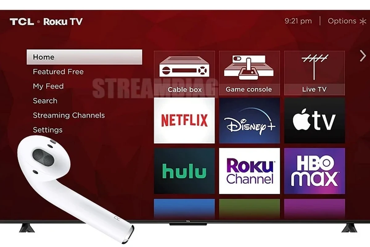Person pairing Bluetooth headphones with a TCL Roku TV in a living room