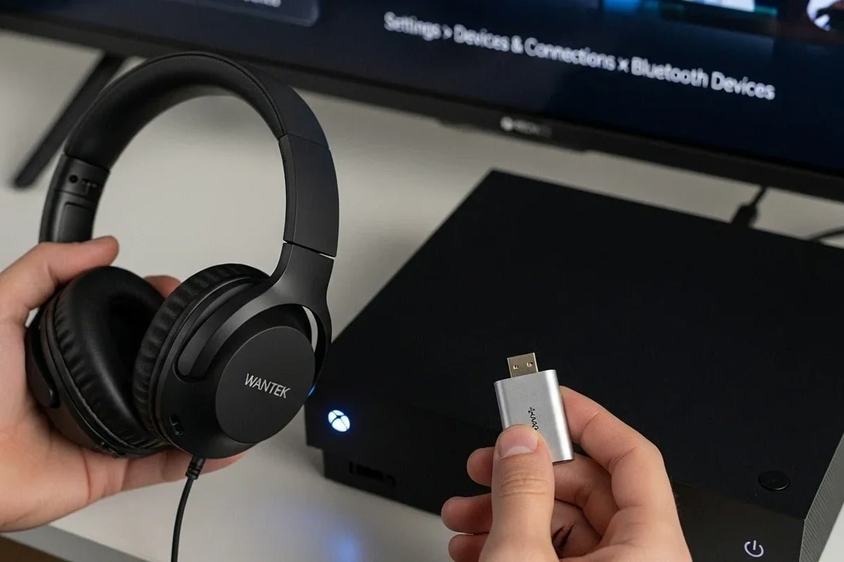 Bluetooth headphones with Xbox Series S setup using TV transmitter and wireless gaming headset