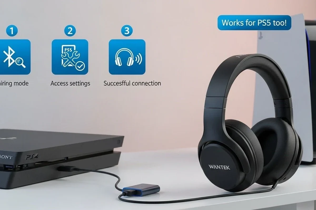 Person connecting wired headphones to a PS4 controller for gaming audio