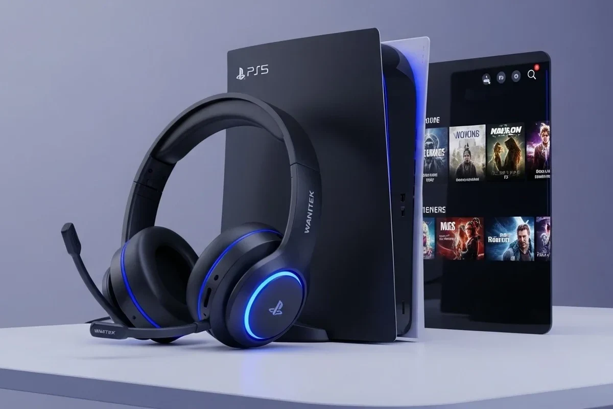 PS5 console with wireless headphones and Bluetooth adapter on gaming desk