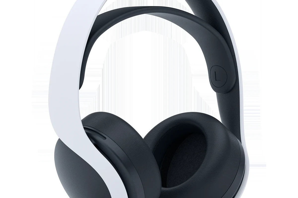 PlayStation headphones connected to a PS5 console with controller and wireless dongle