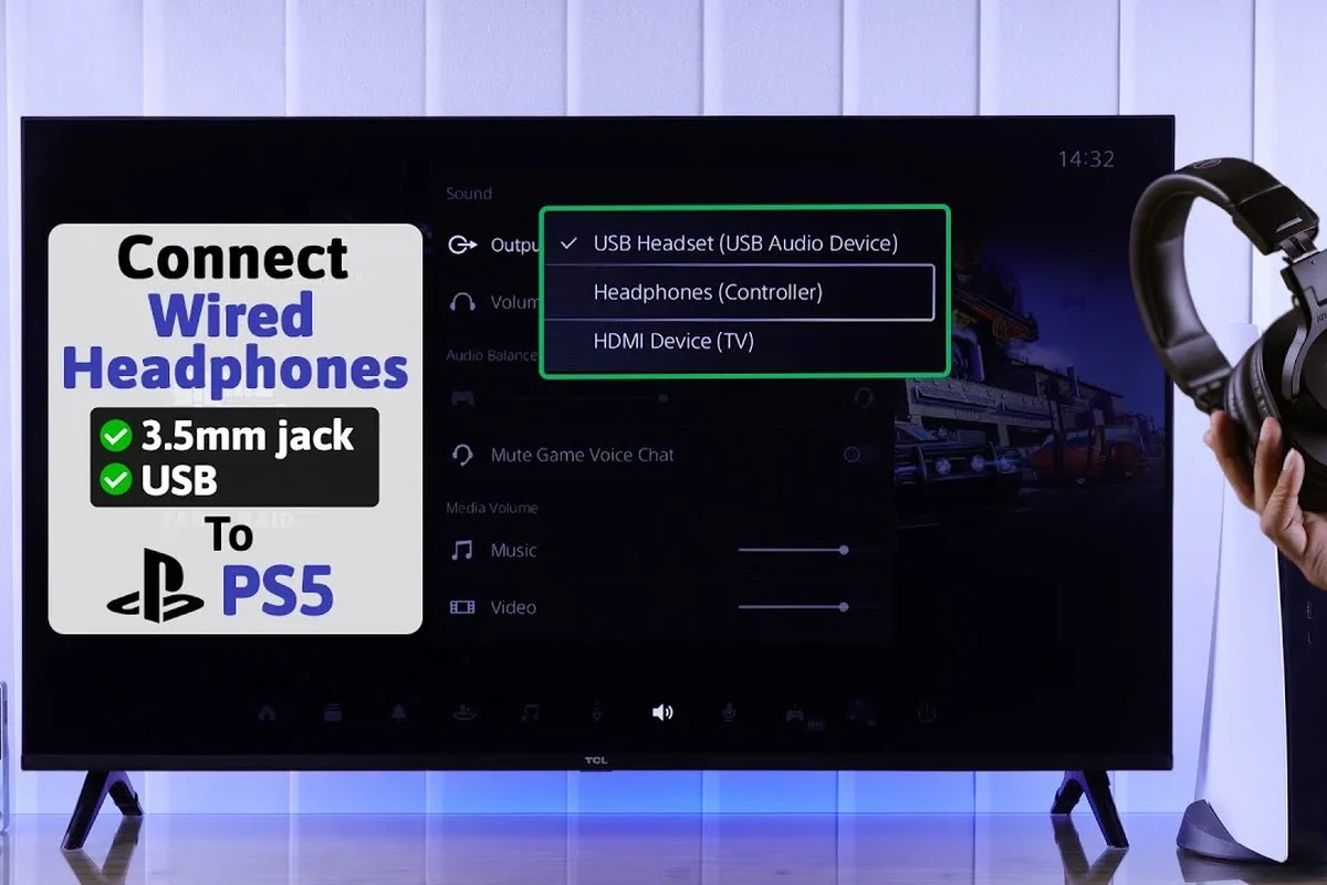 Person connecting wired headphones to a PS5 controller beside a gaming console setup