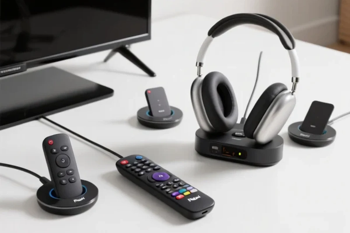 Person using wireless headphones with a Roku TV in a living room for private listening