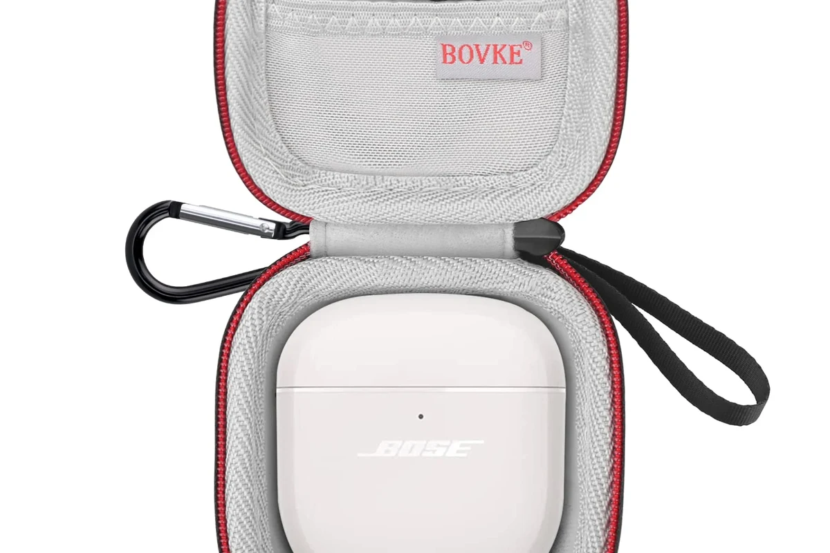Bose over-ear headphones folded neatly into a protective carrying case