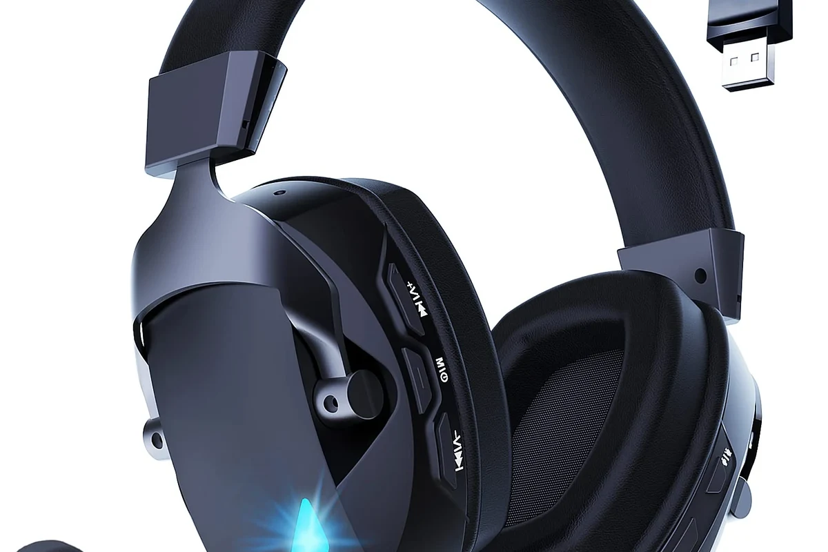 Bluetooth headphones connected to a PS5 with wireless adapter and gaming setup