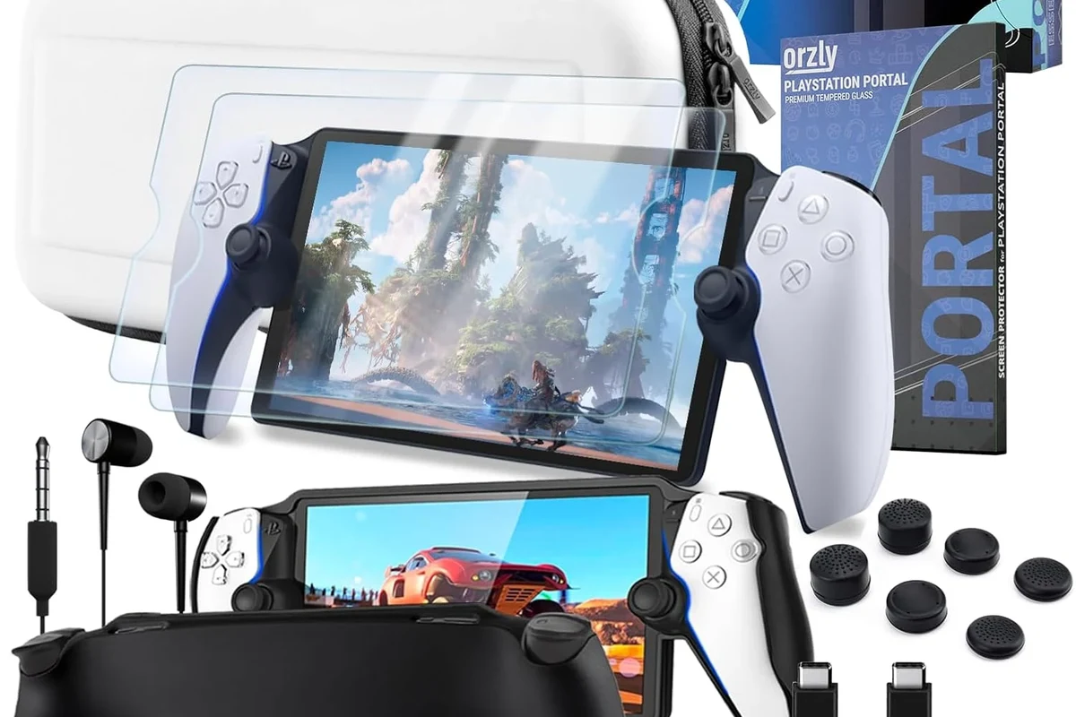 PS Portal gaming handheld with wired headset and wireless earbuds on a desk