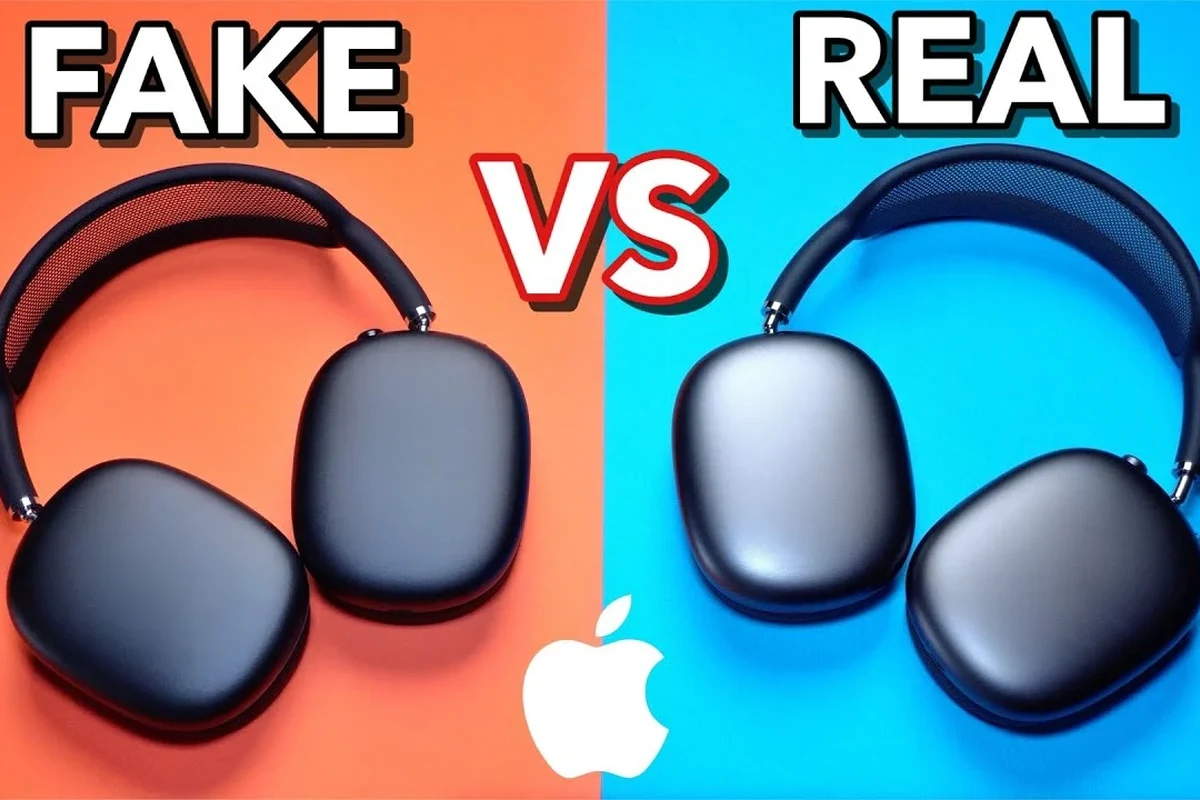 Apple headphones on a desk with packaging, serial number label, and phone for authenticity checks
