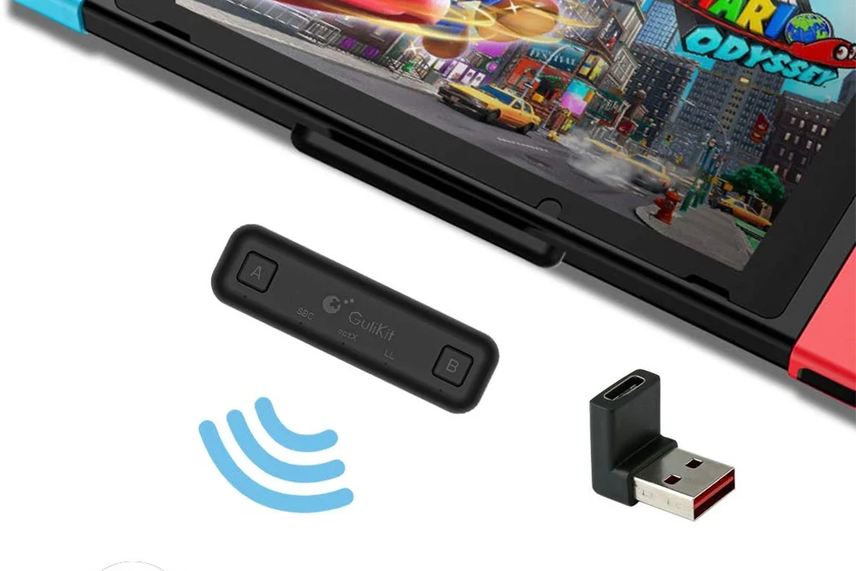 Nintendo Switch paired with Bluetooth headphones for handheld gaming