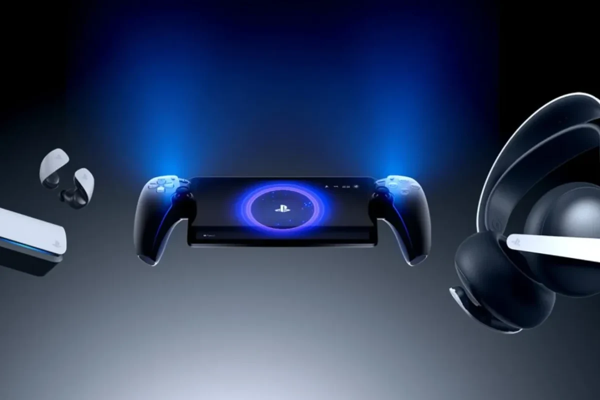PlayStation Portal gaming device with wireless headphones and USB-C audio setup