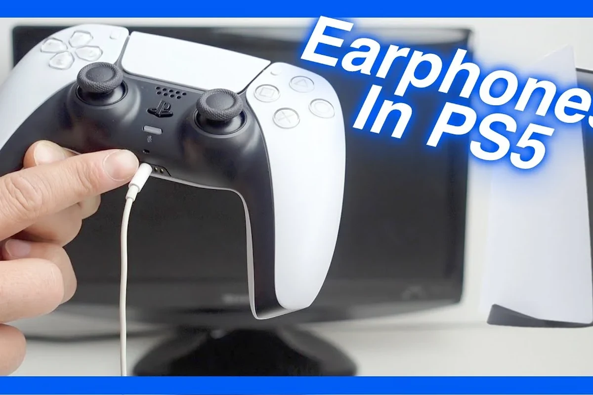 PS5 DualSense controller with wired headphones plugged into the 3.5mm audio jack