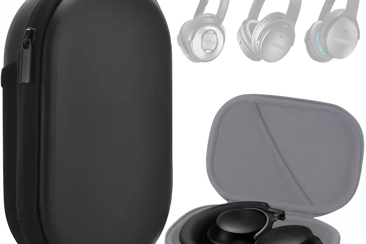 Bose over-ear headphones placed correctly inside a protective travel case