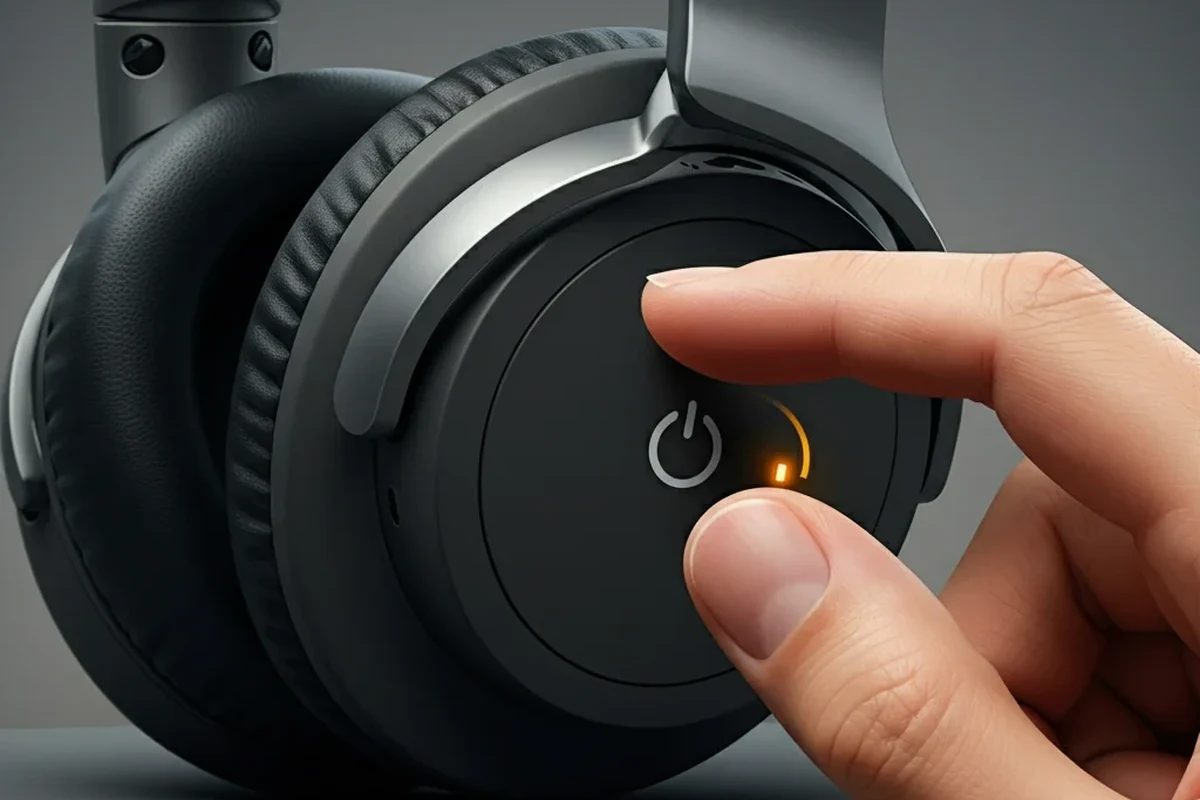 Bose QuietComfort headphones power button and shutdown indicator on a clean desk