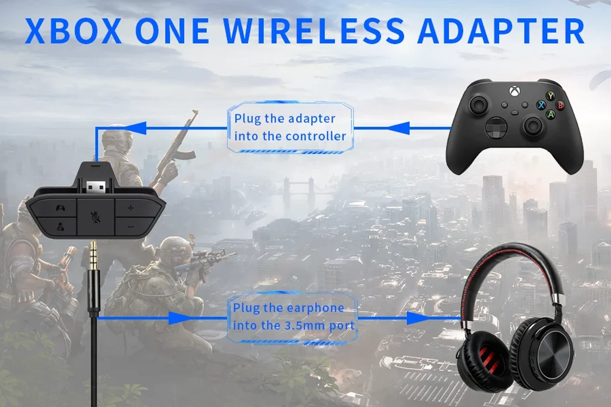 Xbox One console with USB headphones, controller, and audio setup on a gaming desk