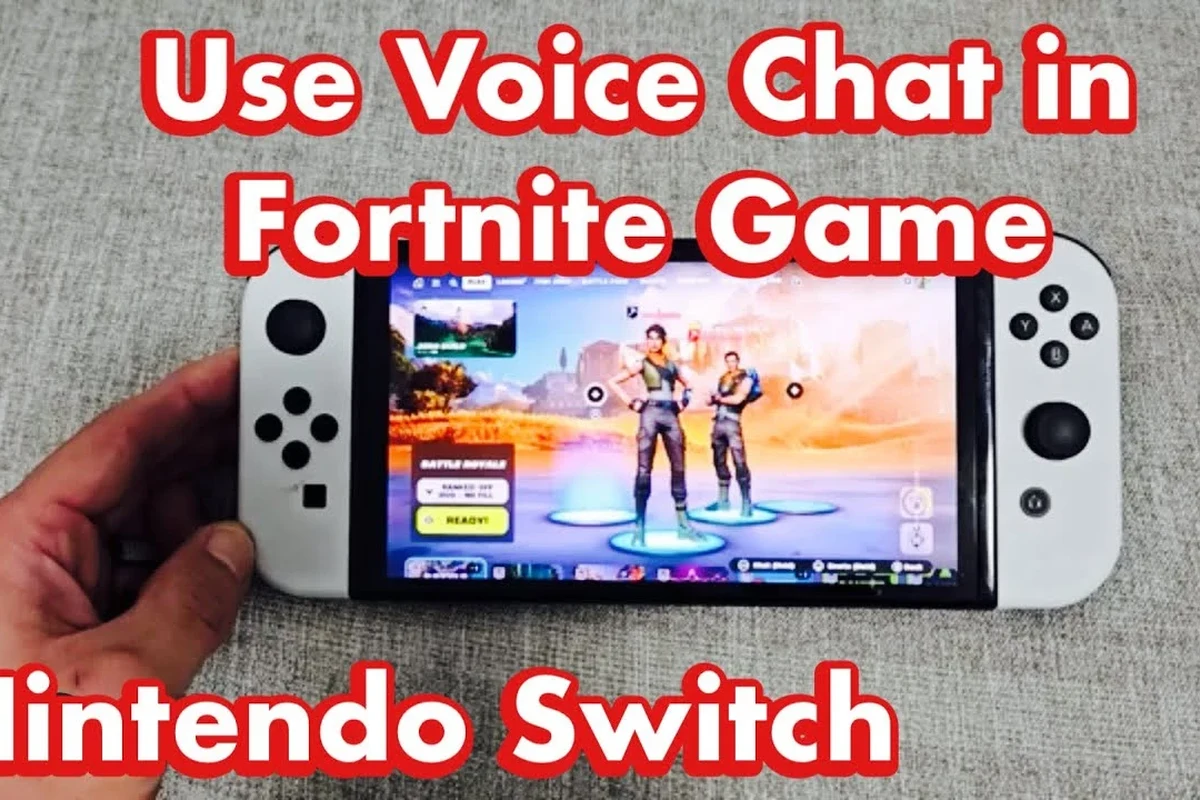 Nintendo Switch player using Fortnite voice chat setup without headphones in a gaming room