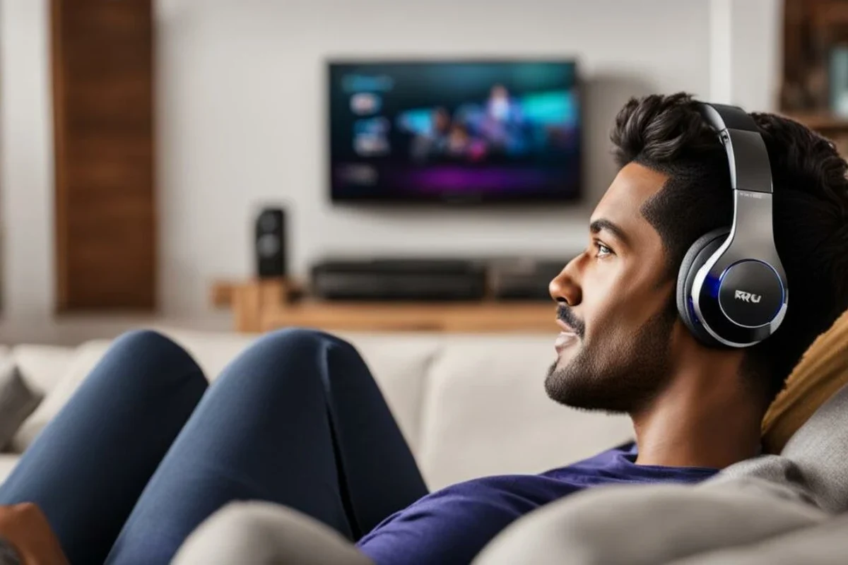 Person using Bluetooth headphones with a Roku TV in a living room