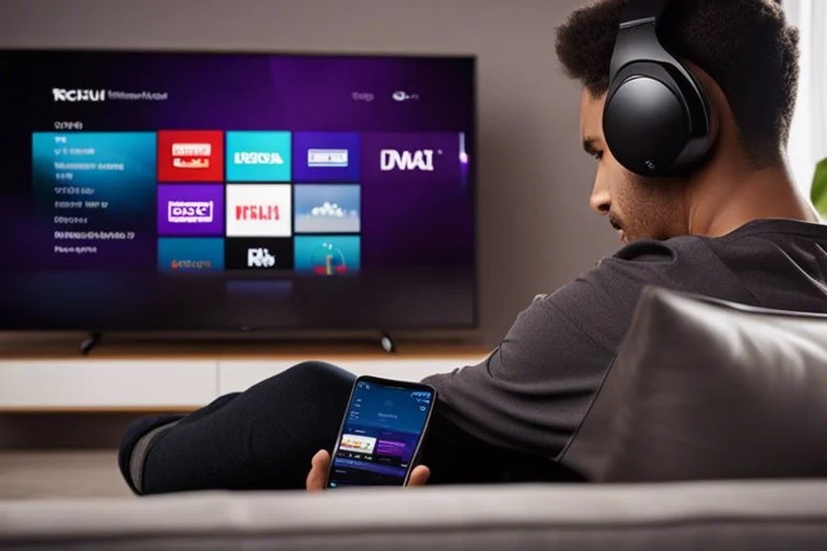Person wearing wireless headphones while watching a Roku TV in a living room