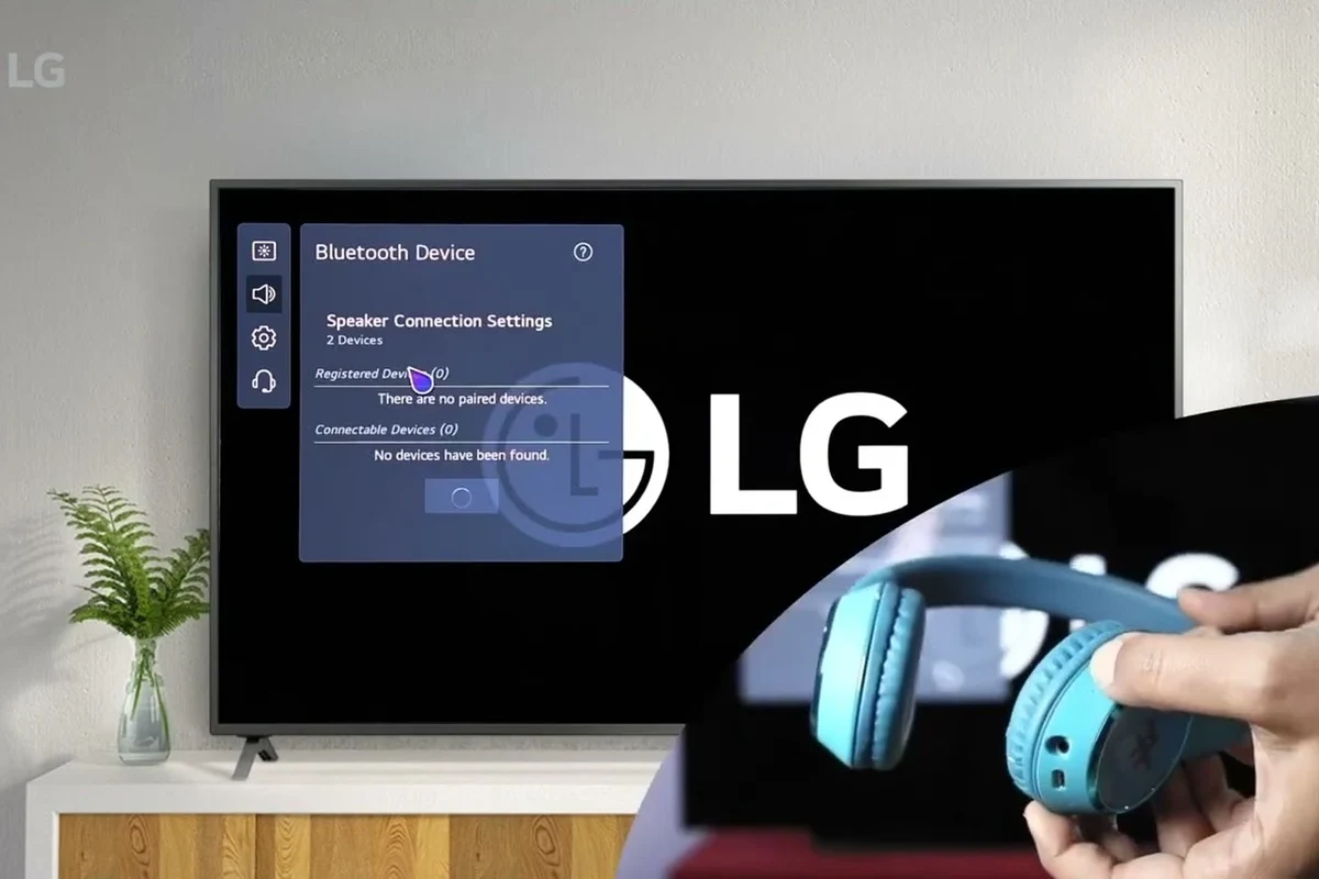 Person connecting Bluetooth headphones to a smart TV in a living room