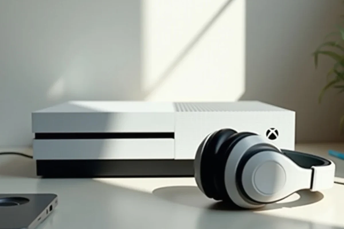 Xbox console with wireless headphones and Bluetooth connection concept