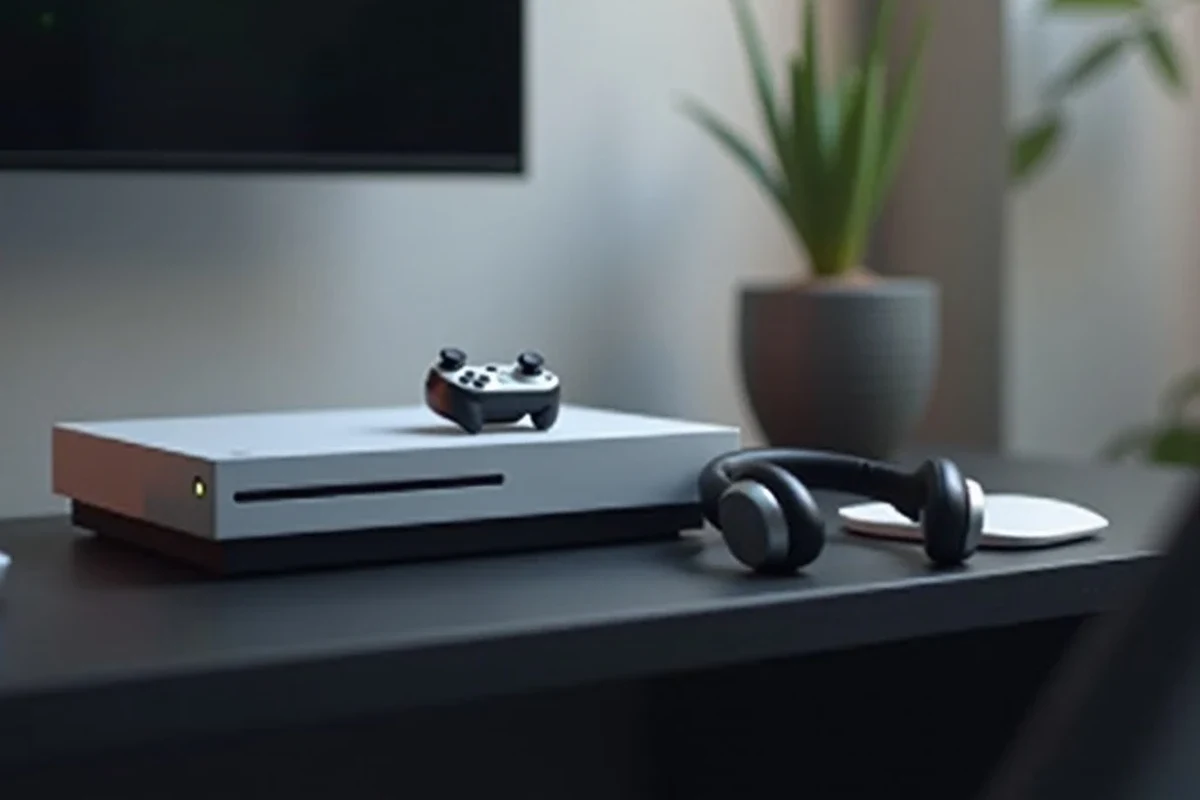 Xbox console with wireless headphones and Bluetooth connection concept
