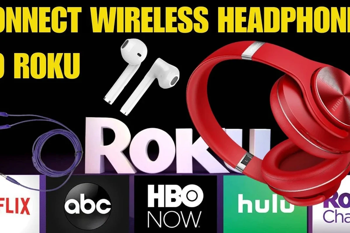 Person wearing headphones while watching Roku TV in a living room