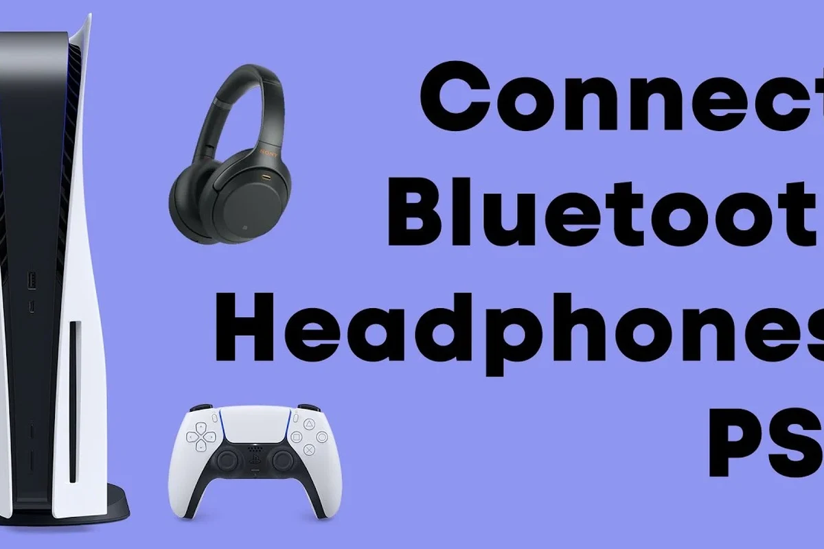 Sony headphones connected to a PS5 console with a DualSense controller and USB dongle