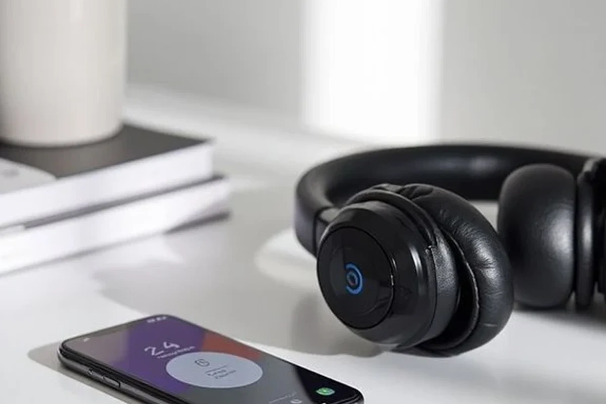 Wireless headphones connected to a Nintendo Switch handheld console on a gaming desk