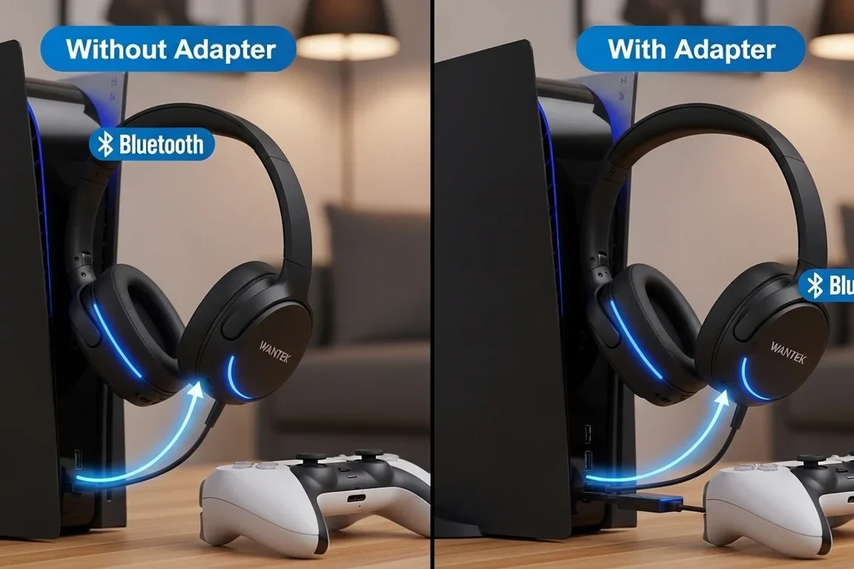 Wireless headphones connected to a PS5 console beside a TV and controller