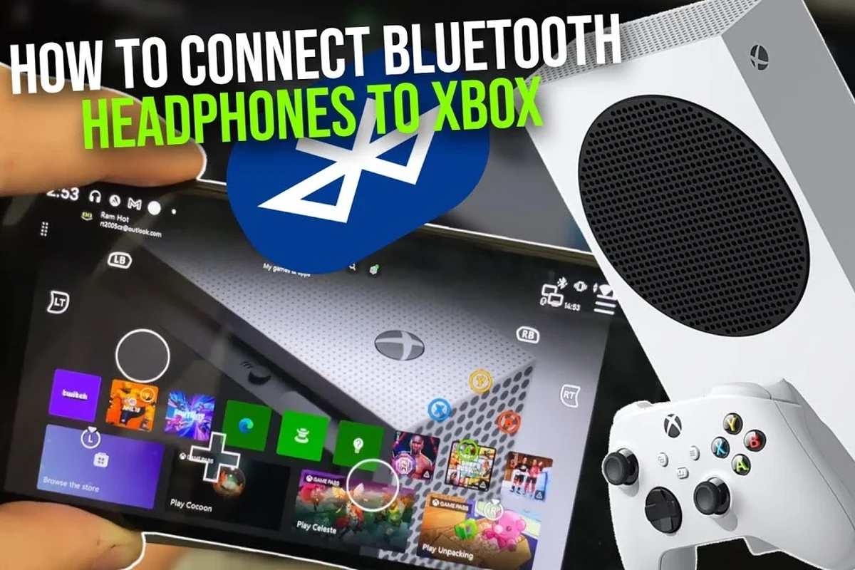 Xbox console with wireless headphones and Bluetooth transmitter setup on a gaming desk