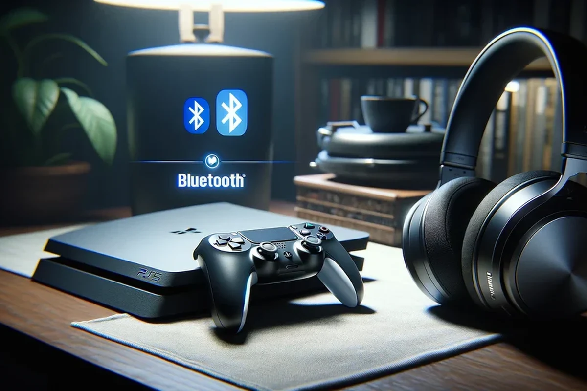 PS5 console with wireless Bluetooth headphones and gaming setup