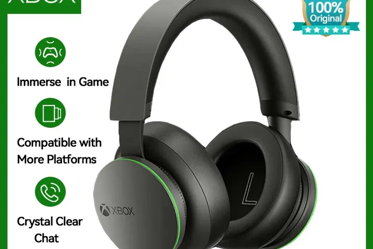 Wireless gaming headset connected to an Xbox console in a living room setup