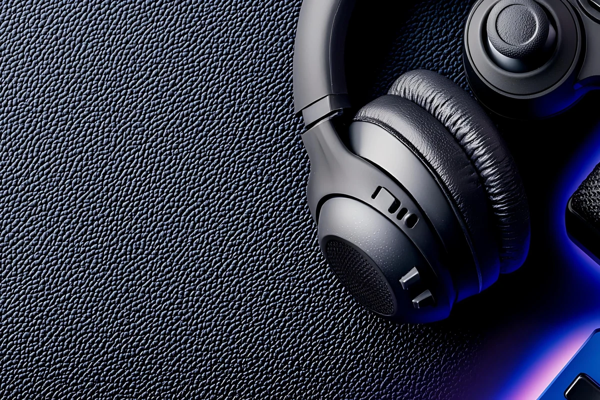 Durable gaming headphones on a desk beside a controller and keyboard