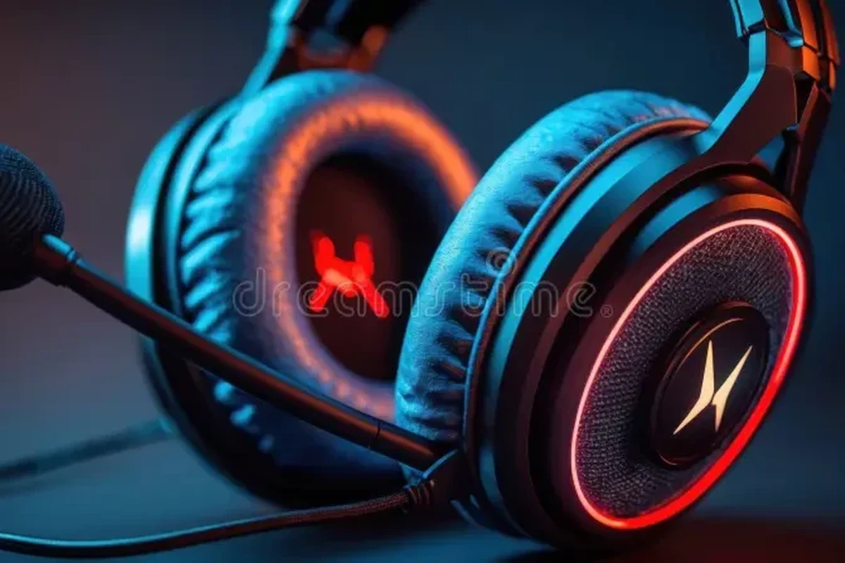 Pink gaming headset on a clean desk setup with keyboard, controller, and soft lighting