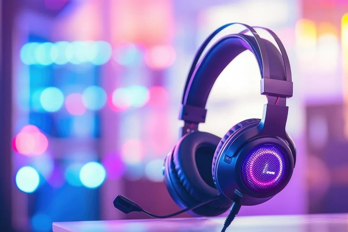 Gaming headphones with mic, DAC, cable, and stand on a clean desk setup